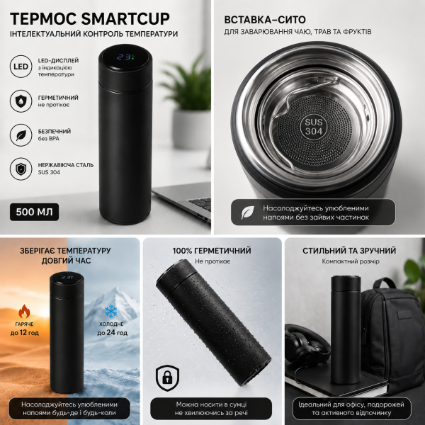 Термос Smart Cup з індикацією температури 500 мл чорний