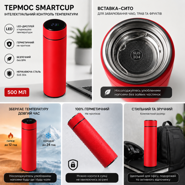 Термос Smart Cup з індикацією температури 500 мл червоний