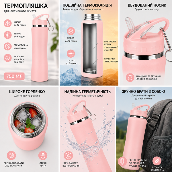Спортивная термобутылка 750 мл розовая