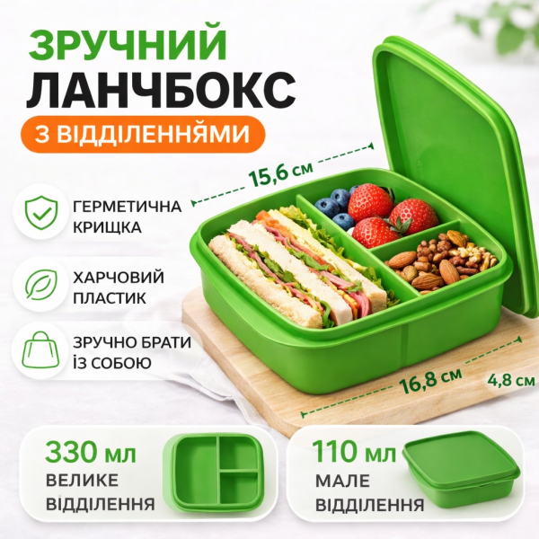 Герметичный ланч-бокс Школьник с разделителями зеленый