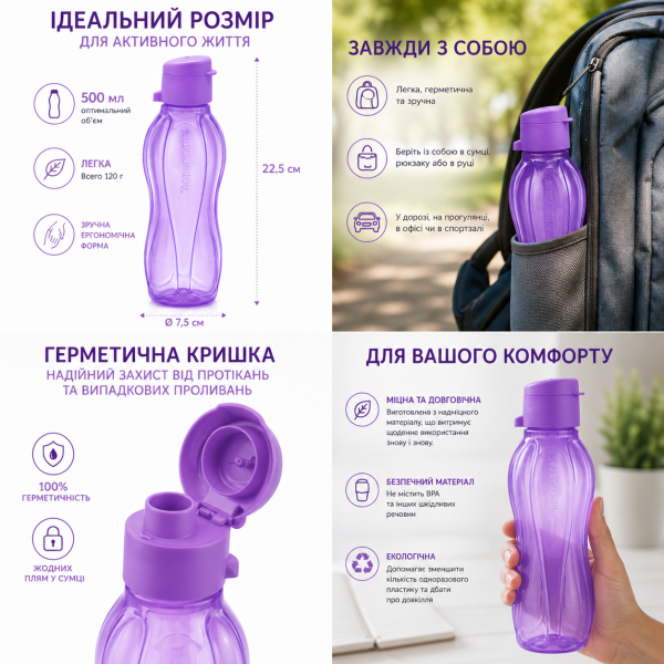 Эко-бутылка 500мл с клапаном сиреневая Tupperware