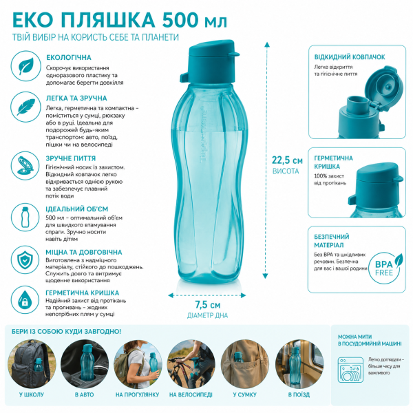 Эко-бутылка 500мл с клапаном голубая Tupperware