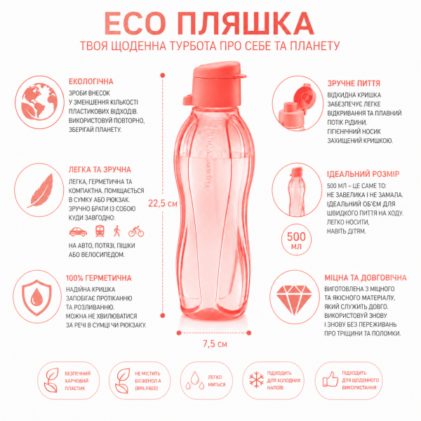 Эко-бутылка 500мл с клапаном лососевая Tupperware